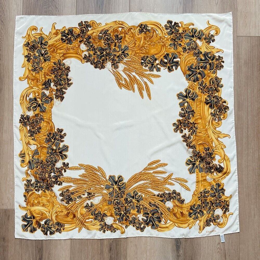 Chanel Silk Scarf Ivory Gold Baroque Floral Print Square